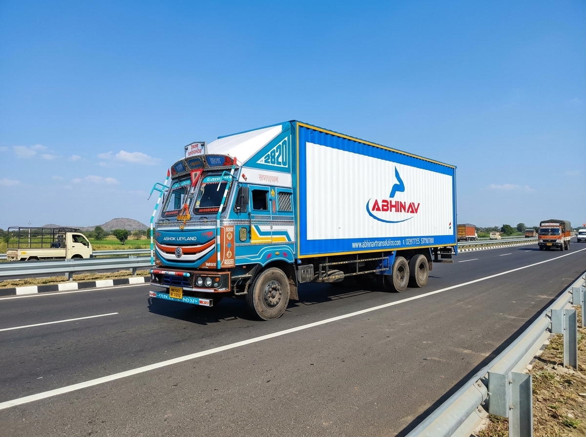 Abhinav Transport Ashok Leyland commercial container truck on express highway corridor