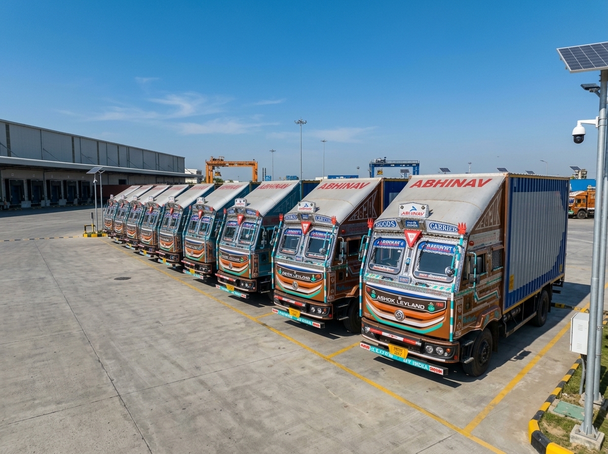 Abhinav Transport Ashok Leyland heavy container lineup in logistics terminal hub