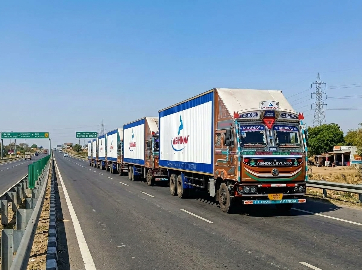 Abhinav Transport multi-truck highway freight convoy in transit