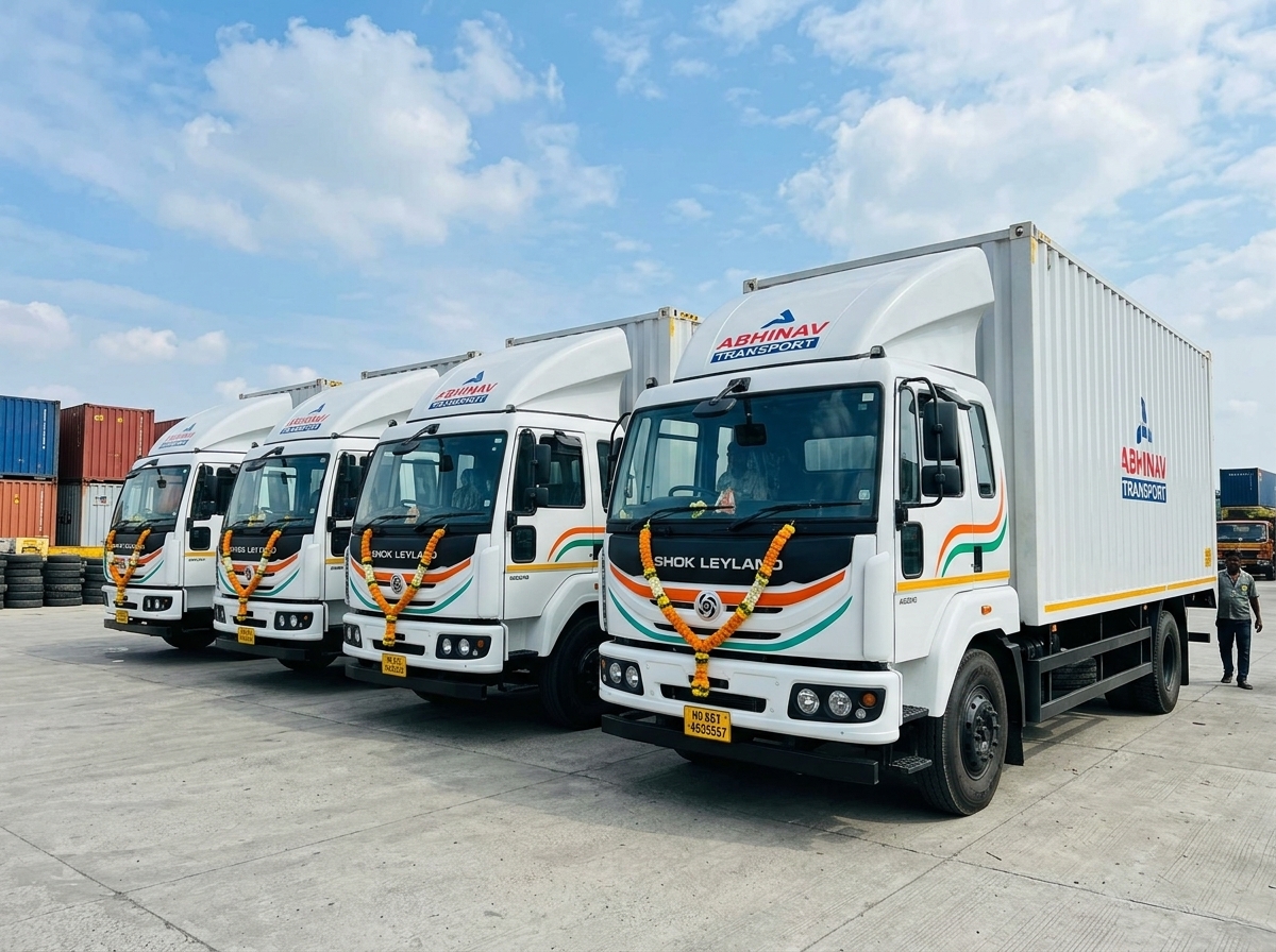 Abhinav Transport dedicated commercial container trucks at dispatch depot